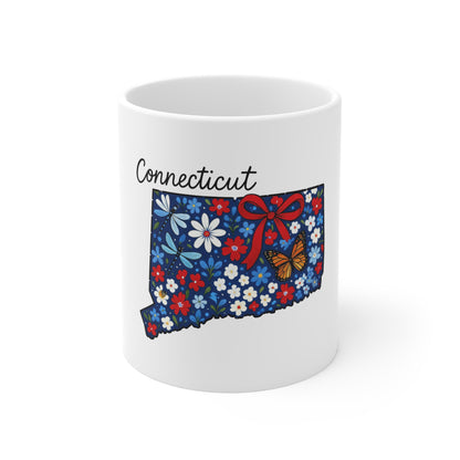 Connecticut Floral State Map 11oz Mug — Cute Red White Blue Flowers & Butterfly