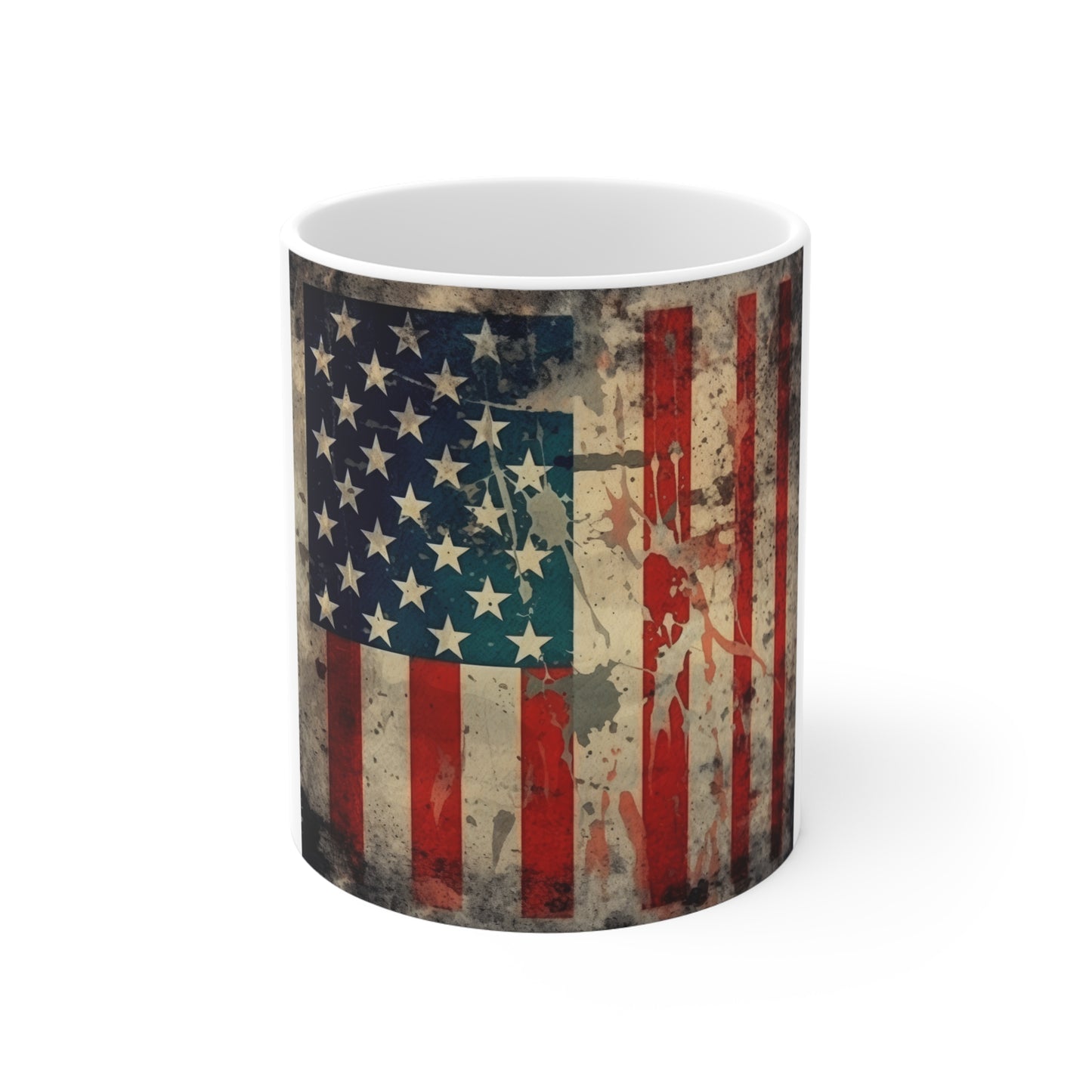 Distressed American Flag Coffee Mug – Paint Splatter USA Flag Mug – Grunge Patriotic Mug – Artistic Americana Gift 11oz