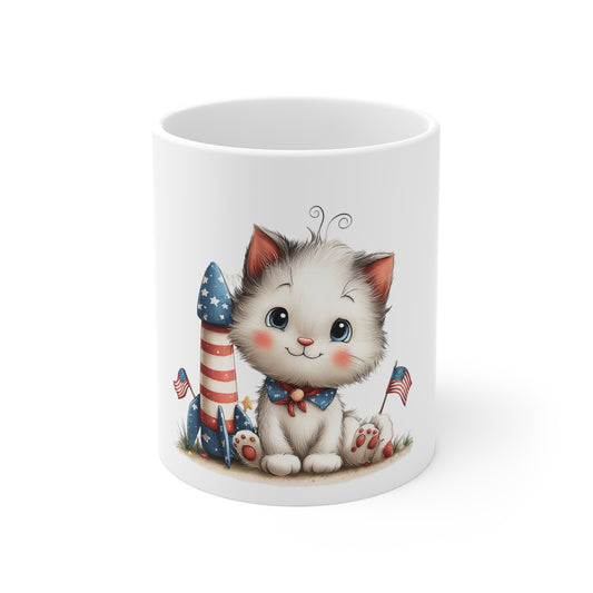 Patriotic Kitten Fireworks Mug – Cute 4th of July Cat Coffee Mug – Americana Rocket Cat Mug – Red White Blue Cat Gift Patriotic Kitten 11oz Coffee Mug — Cute USA Flag Rocket Cat