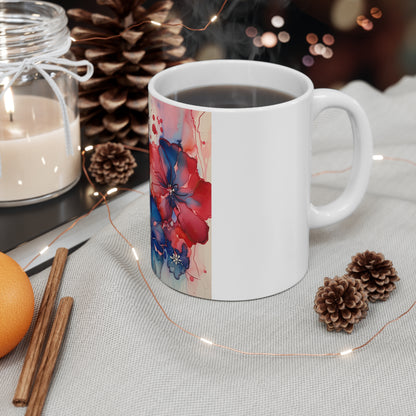 Patriotic Floral Splash Coffee Mug – Red Blue Watercolor Flower Mug – Modern Americana Bloom Cup – Artistic Gift Mug Floral Watercolor Mug 11oz — Red & Blue Bloom Coffee Cup