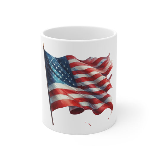 Premium Watercolor American Flag Coffee Mug – Flowing USA Flag Mug – Artistic Patriotic Flag Cup – Red White Blue Statement Mug Mug 11oz