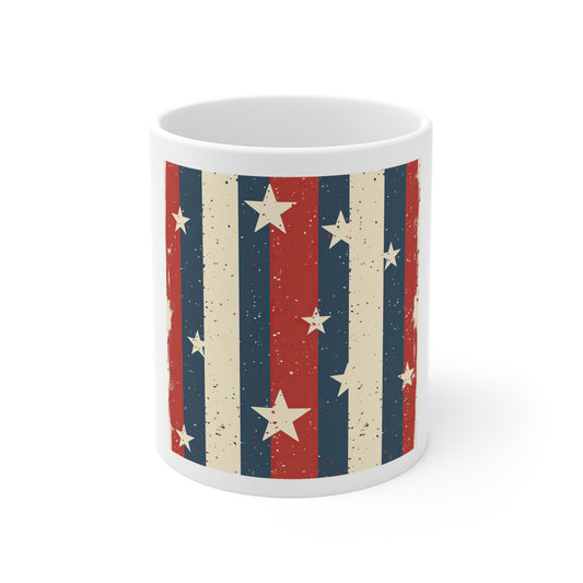 Vintage Stripe Star Coffee Mug – Distressed Patriotic Stripe Mug – Red White Blue Rustic Americana Mug – Retro Flag Style Cup American Flag Stripes Mug — Vintage Patriotic 11oz Coffee Cup
