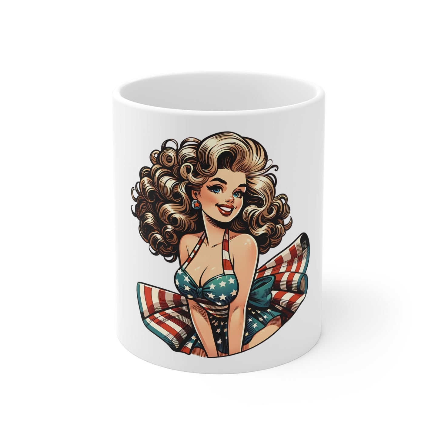Patriotic Pin-Up Halter Dress Mug – Vintage Americana Woman Coffee Mug – Retro USA Flag Style Cup – Classic American Beauty Mug – Fourth of July Gift 11oz Mug — Retro American Pinup Girl with Stars &...