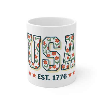 USA Est 1776 Retro Floral Coffee Mug – Vintage Botanical Patriotic Mug – Warm Tone Americana Flower Cup – Stylish USA Gift Mug 11oz