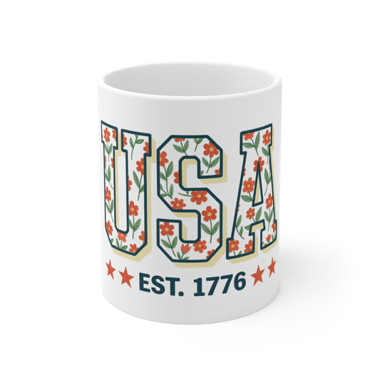 USA Est 1776 Retro Floral Coffee Mug – Vintage Botanical Patriotic Mug – Warm Tone Americana Flower Cup – Stylish USA Gift Mug 11oz