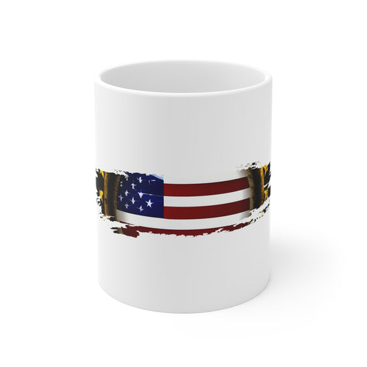 Gold Framed American Flag Mug – Premium Patriotic Coffee Cup – Bold USA Flag with Metallic Accent Design Mug 11oz