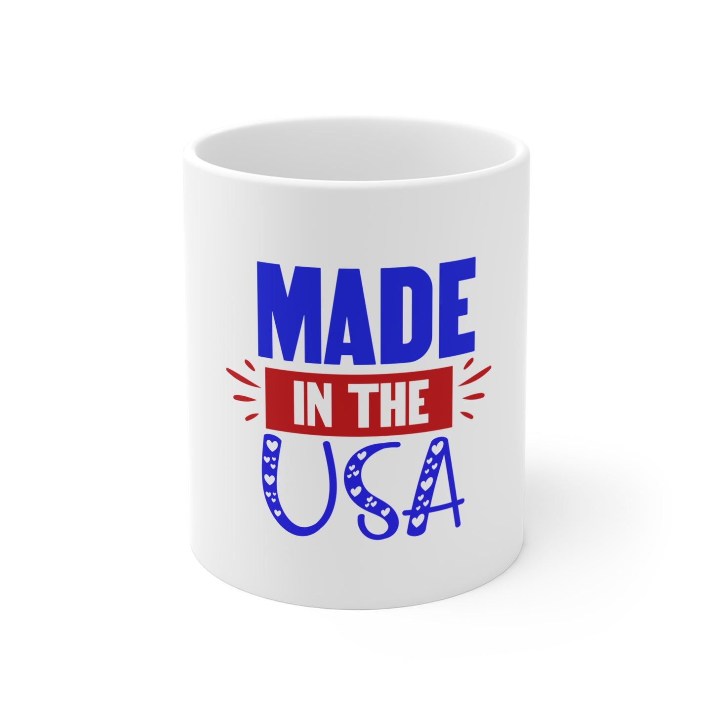 Made in the USA Heart Coffee Mug – Patriotic Love USA Mug – Cute Americana Typography Cup – 4th of July Gift Mug Mug 11oz