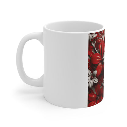 Patriotic 3D Floral Coffee Mug – Red White Flower Mug – Sculpted Botanical Art Cup – Bold Americana Flower Mug Red & White Floral Ceramic Mug — 11oz Decorative Flower Pattern Coffee Cup