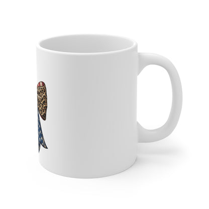 American Flag & Leopard Bow Mug — Patriotic 11oz Coffee Cup