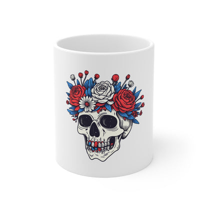 Floral Skull Ceramic Mug — Day of the Dead Skull with Red & Blue Roses (11oz)