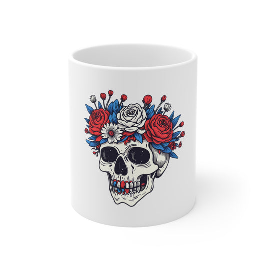 Floral Skull Ceramic Mug — Day of the Dead Skull with Red & Blue Roses (11oz)