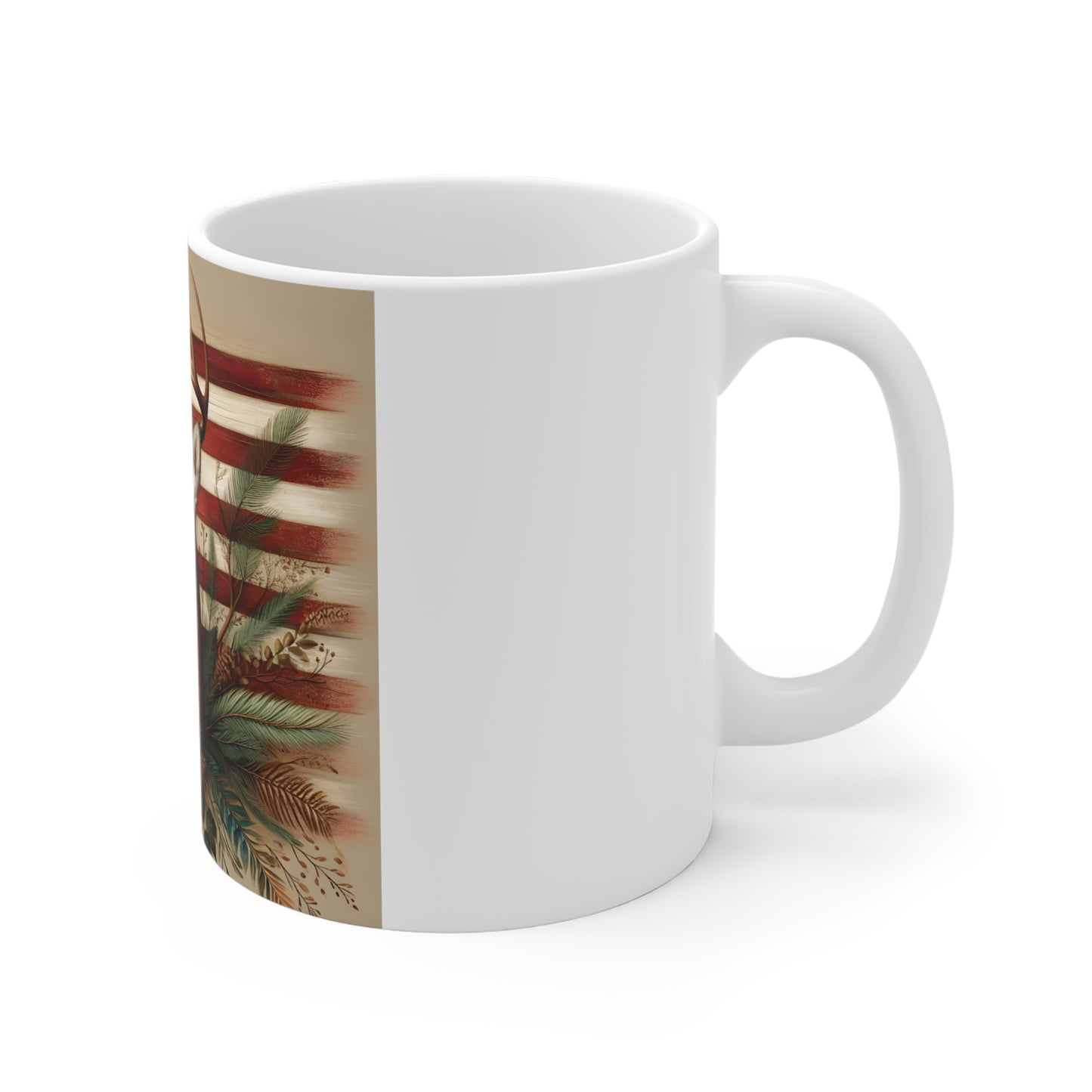 Patriotic Whitetail Deer Coffee Mug – American Flag Deer Mug – Rustic Floral Buck Art Cup – Americana Wildlife Gift Mug 11oz