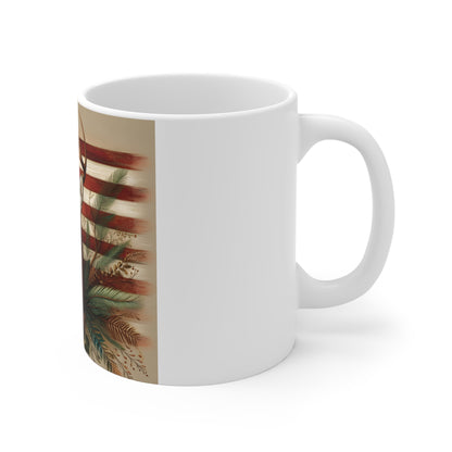 Patriotic Whitetail Deer Coffee Mug – American Flag Deer Mug – Rustic Floral Buck Art Cup – Americana Wildlife Gift Mug 11oz