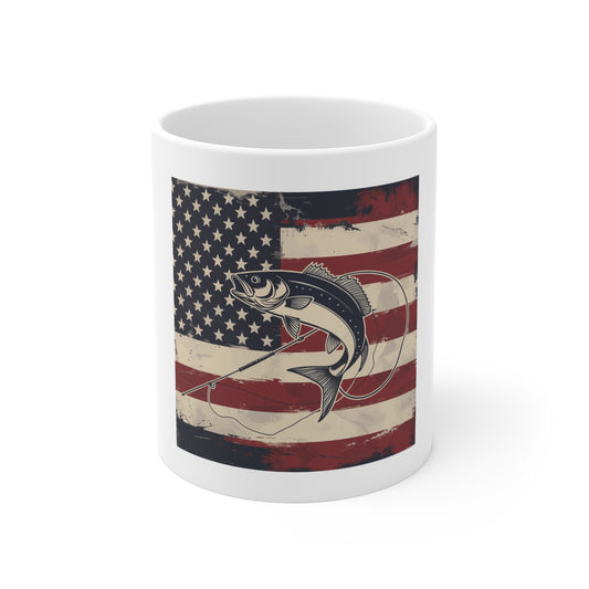 American Fishing Mug - Vintage USA Flag with Leaping Fish 11oz