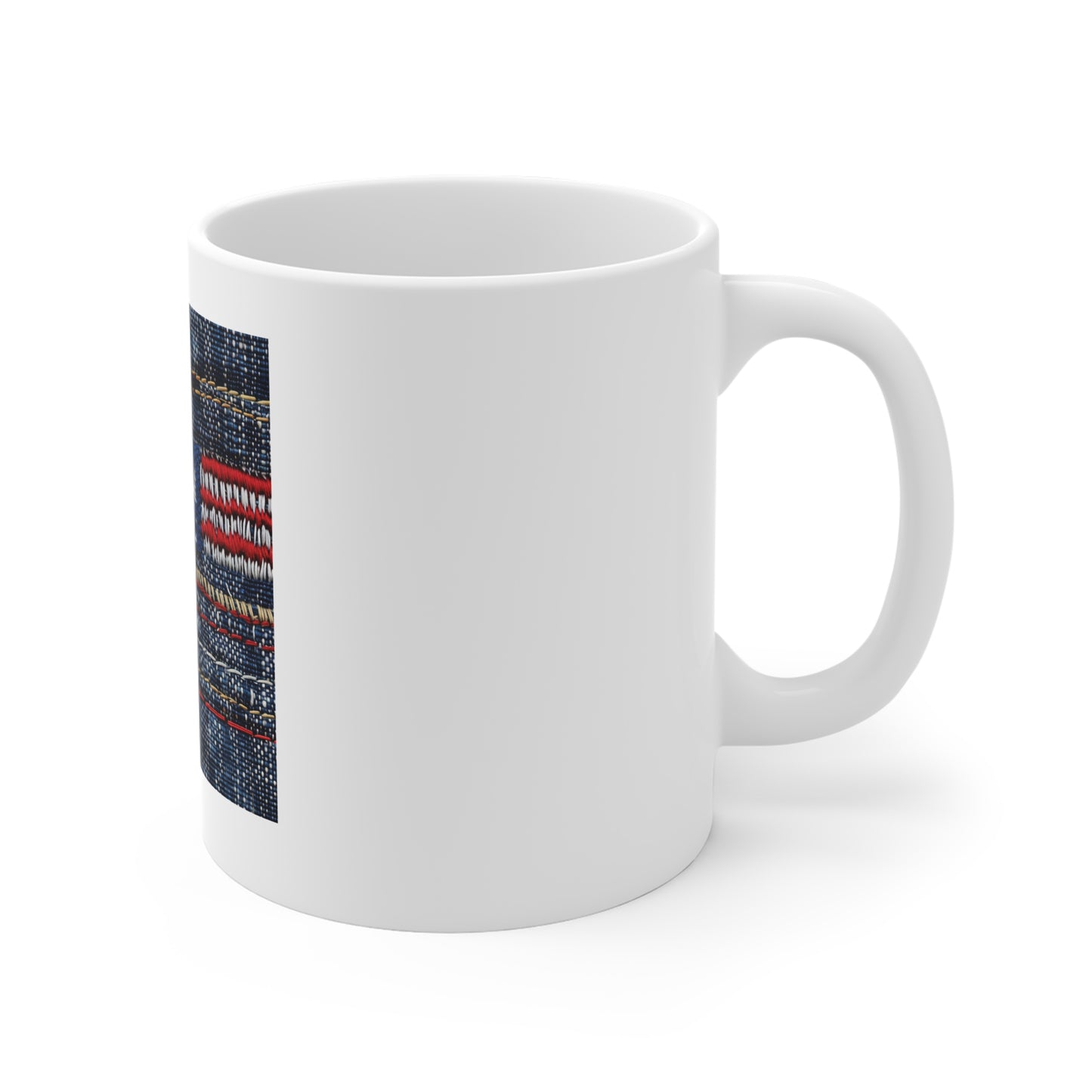 Embroidered Denim American Flag Coffee Mug – Textured Stitch Patriotic Mug – Woven USA Flag Design Cup – Americana Fabric Style GiftAmerican Flag Denim Mug — 11oz Patriotic Coffee Cup