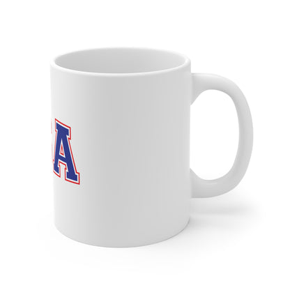 USA Varsity Red White Blue Mug – Classic Americana Letter Coffee Mug – Bold Patriotic USA Cup – Collegiate Style USA Mug 11oz