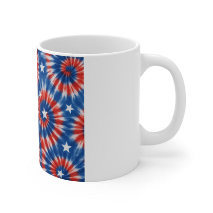 Patriotic Tie Dye Starburst Coffee Mug – Red White Blue Spiral Mug – Firework Style USA Mug – Retro 4th of July Mug 11oz