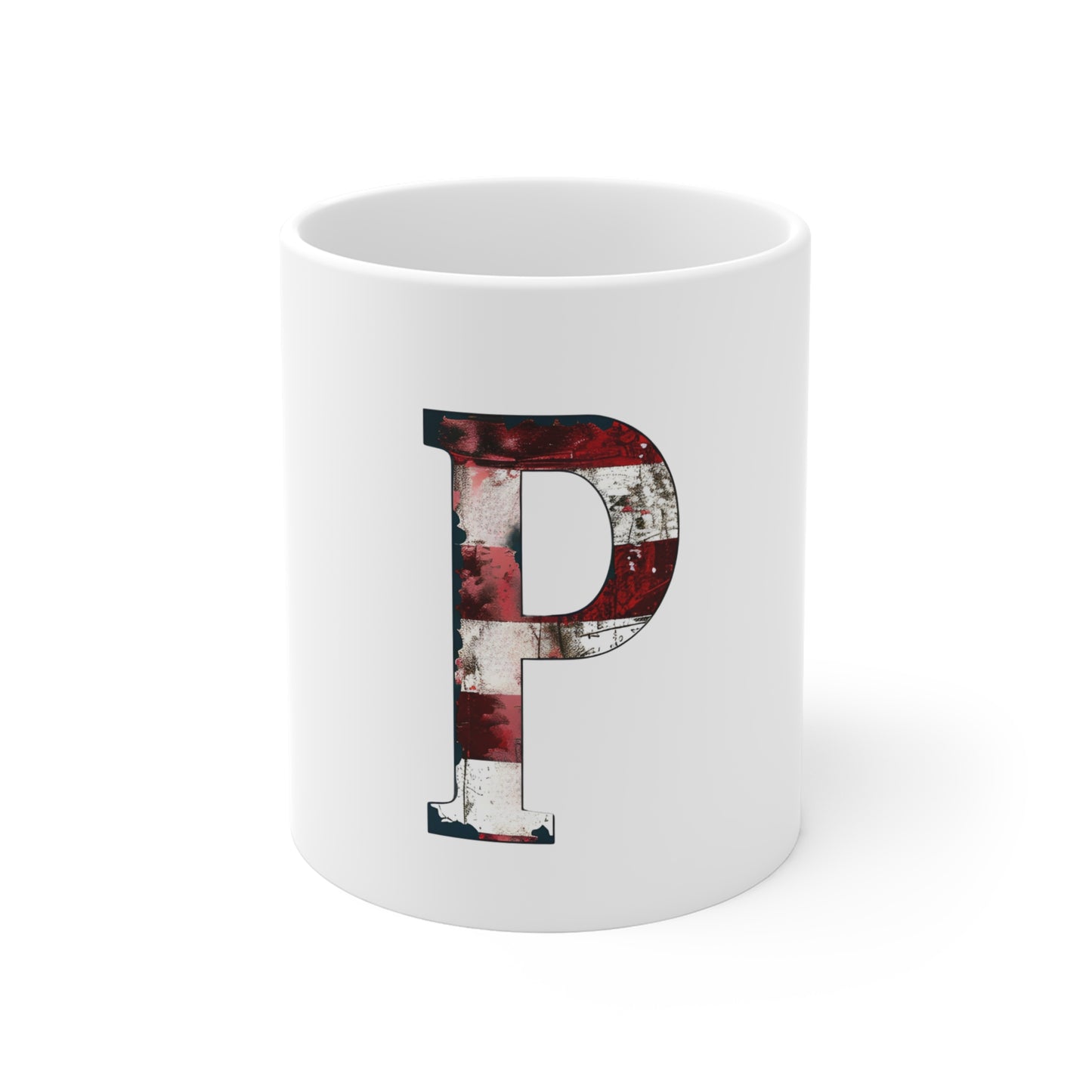 Patriotic Letter P Coffee Mug – American Flag Initial Mug – Vintage USA Monogram Mug – Distressed Americana Alphabet Gift Mug 11oz