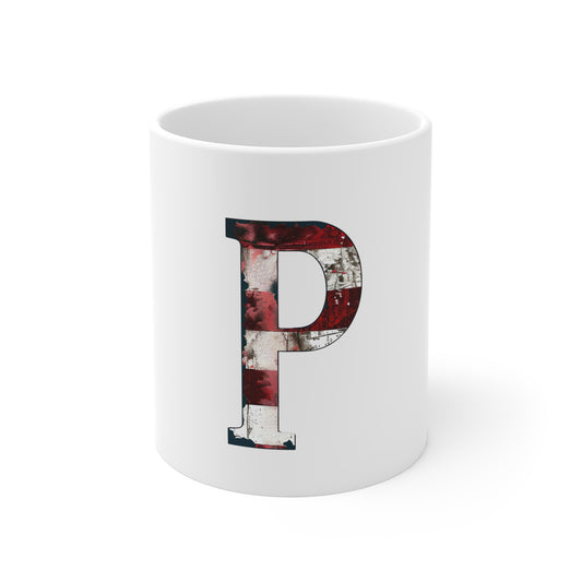 Patriotic Letter P Coffee Mug – American Flag Initial Mug – Vintage USA Monogram Mug – Distressed Americana Alphabet Gift Mug 11oz