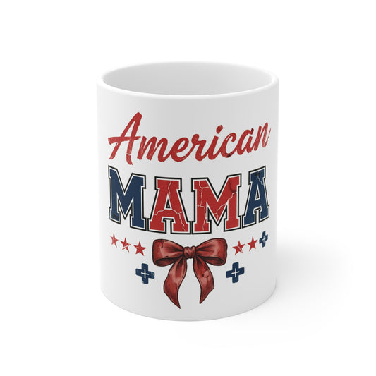 American Mama Patriotic Coffee Mug – Red White Blue USA Mom Mug – Distressed Vintage Americana Cup – Bold Patriotic Gift for Moms Mug 11oz