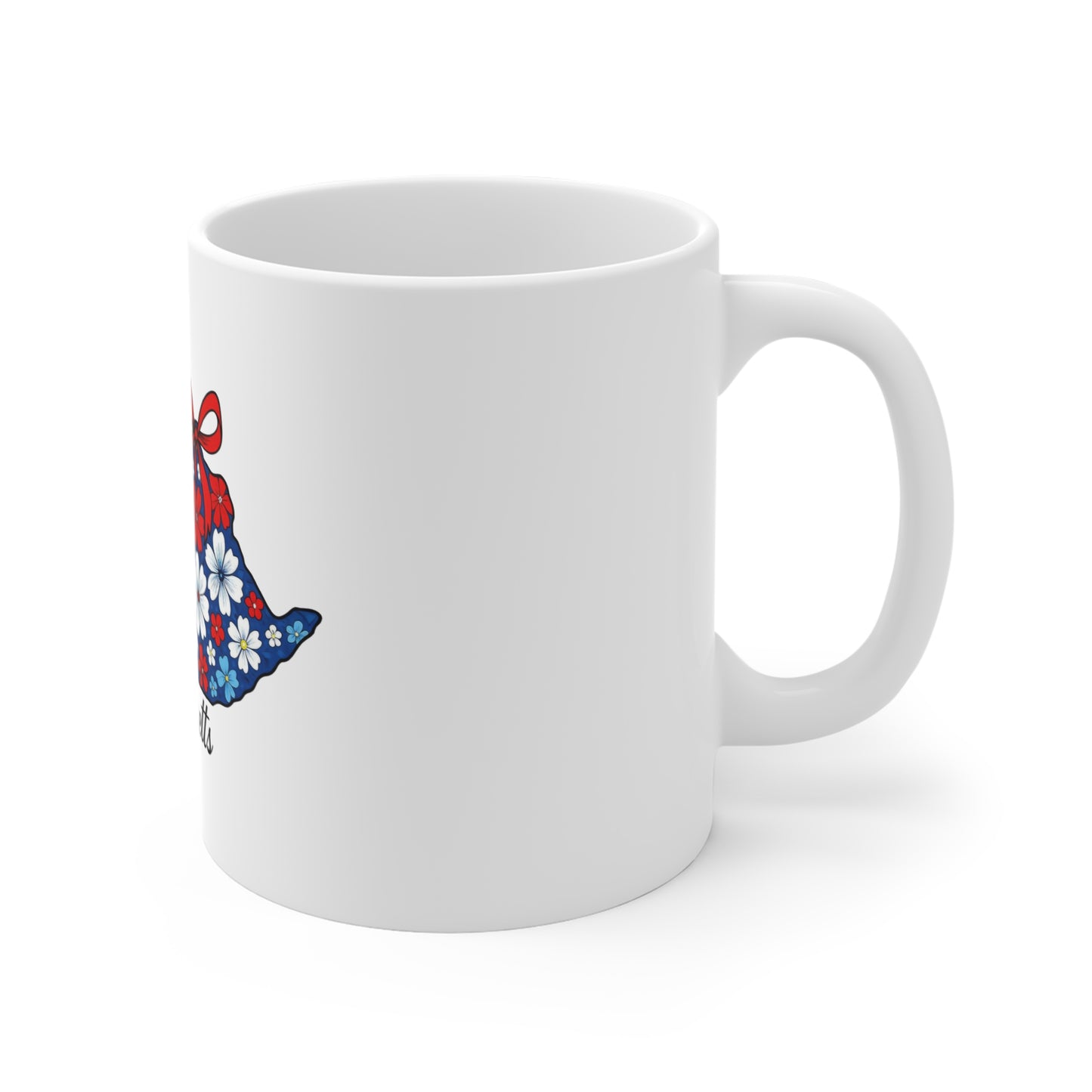 Massachusetts Floral State Outline Mug — Patriotic Red, White & Blue 11oz Coffee Cup