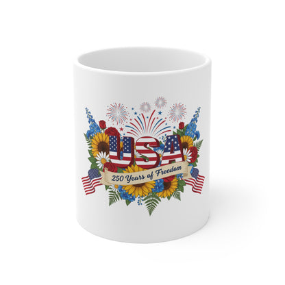 USA 250 Years of Freedom Coffee Mug – Patriotic Floral Fireworks Mug – American Anniversary Sunflower Design – Red White Blue Gift Mug 11oz