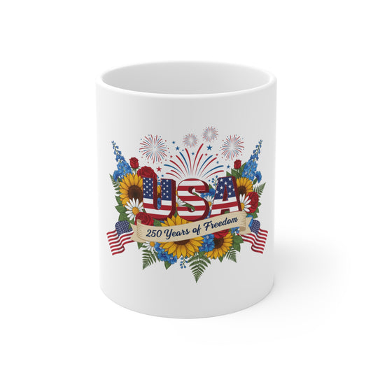 USA 250 Years of Freedom Coffee Mug – Patriotic Floral Fireworks Mug – American Anniversary Sunflower Design – Red White Blue Gift Mug 11oz