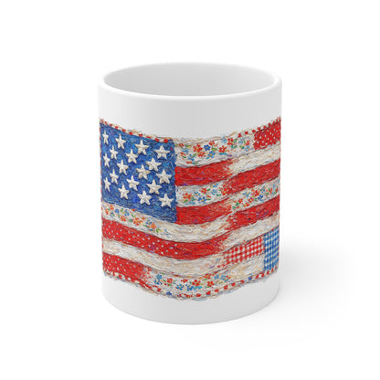 Patriotic Patchwork Flag Mug - 11oz Americana Coffee Cup