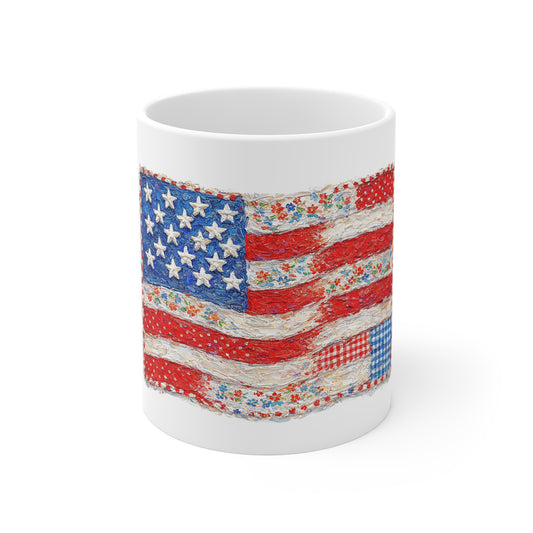 Patriotic Patchwork Flag Mug - 11oz Americana Coffee Cup