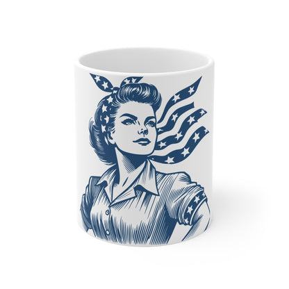 Patriotic American Woman Coffee Mug – Vintage Americana Female Portrait Mug – Strong Woman USA Art Mug – Retro Patriotic Gift Mug – Feminine Americana Cup Mug 11oz
