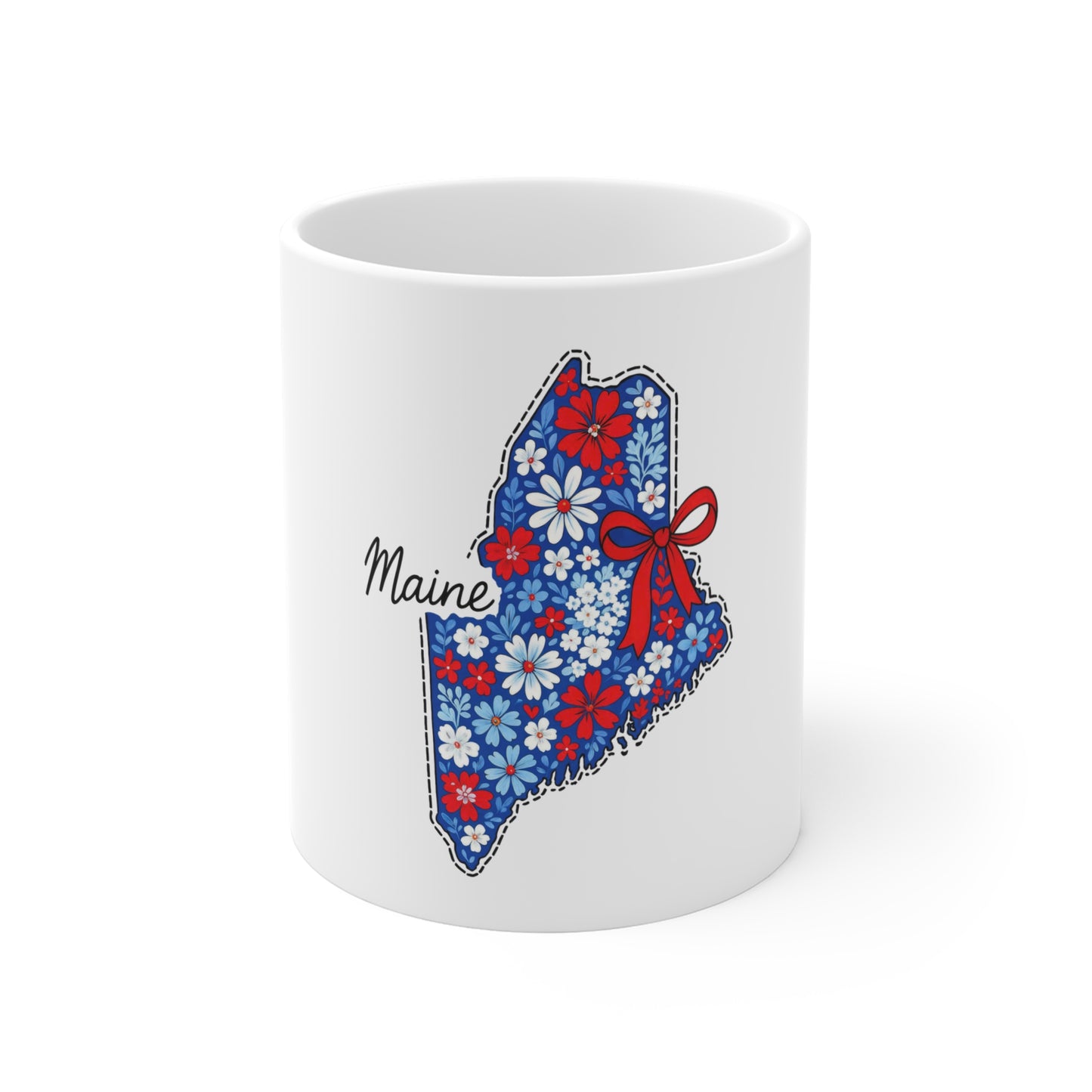 Maine Floral State Outline Mug — Red, White & Blue Flower Pattern with Ribbon (11 oz)