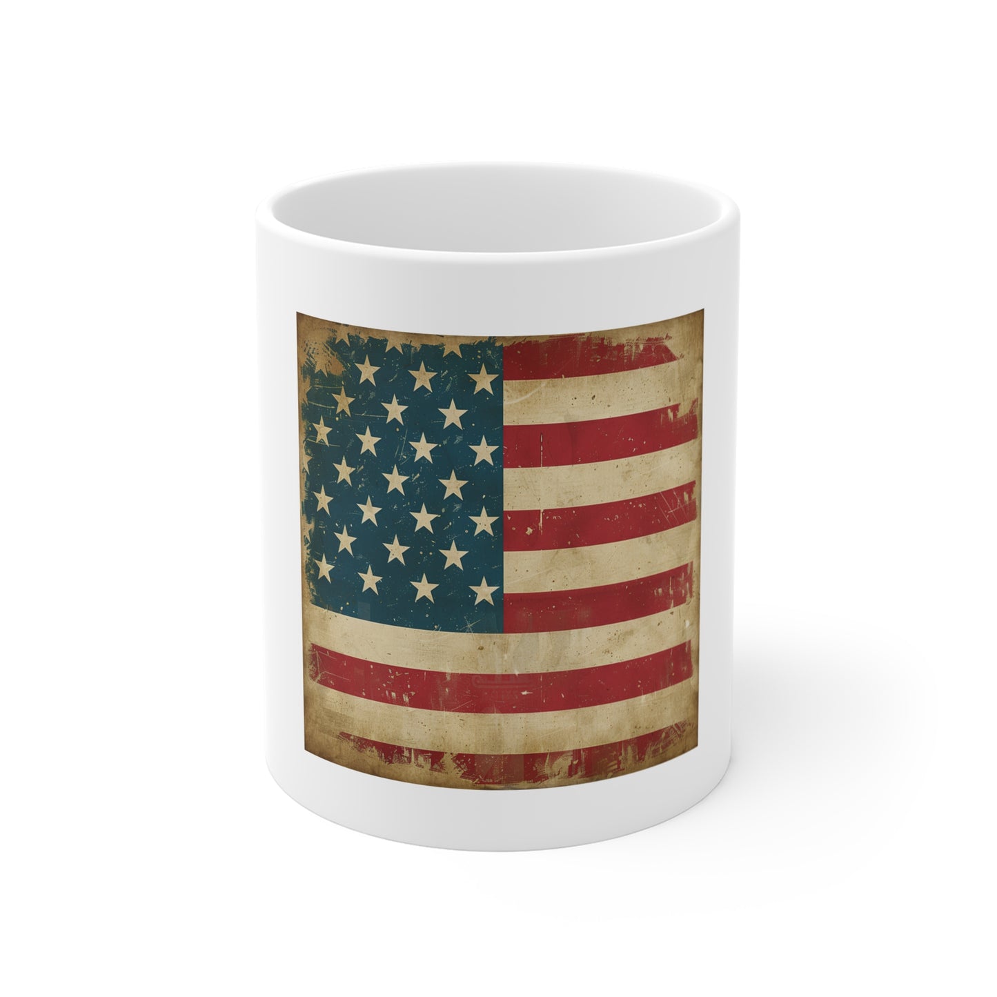 Vintage American Flag Coffee Mug – Classic Distressed USA Flag Mug – Patriotic 11oz Ceramic Cup – Gift for Veterans & Proud Americans