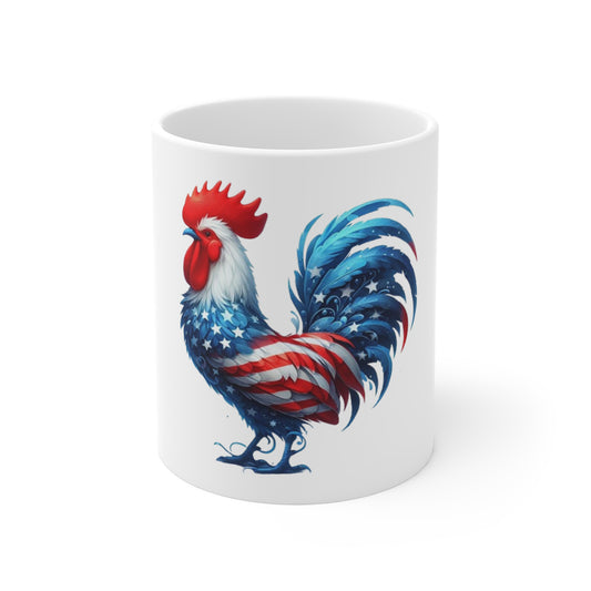Patriotic Rooster Coffee Mug – American Flag Ornamental Feather Rooster – Red White Blue Artistic Farmhouse Mug – USA Pride Gift Patriotic Rooster Coffee Mug - 11oz USA Flag Farmhouse Cup