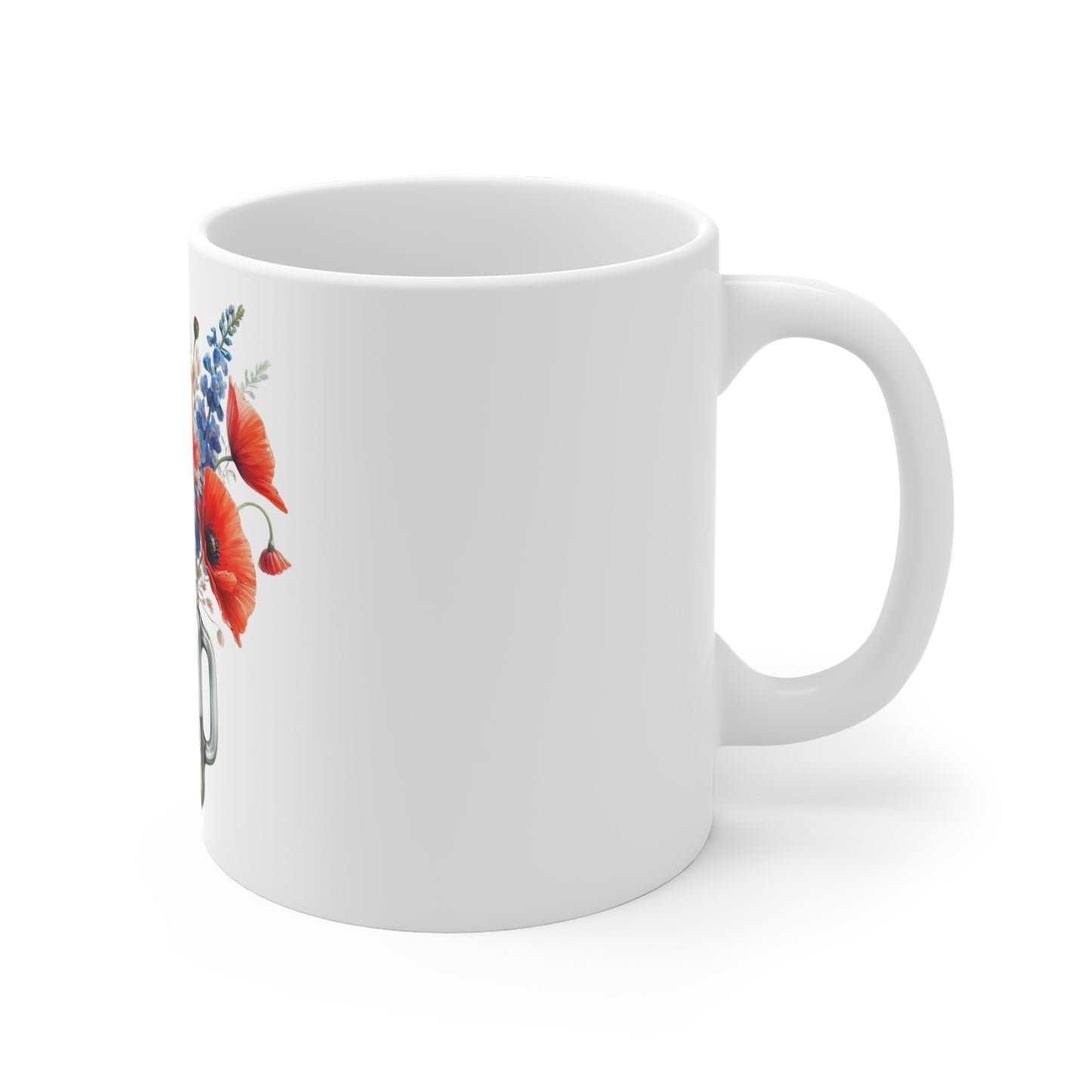 Patriotic Poppy & Daisy Mason Jar Coffee Mug – Red White Blue Wildflower Mug – Americana Floral Bouquet Cup – Summer Gift Mug Floral Mason Jar Mug — Poppies & Daisies 11oz