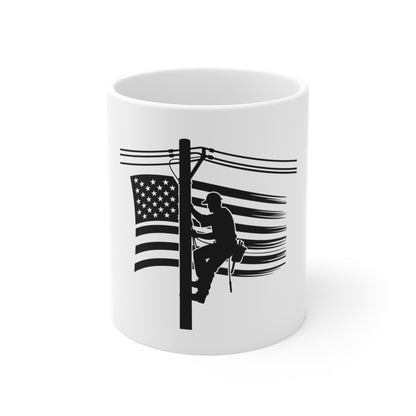 Lineman American Flag Mug – Patriotic Utility Worker Coffee Mug – Power Line Worker USA Cup – Stealth Blue Collar Mug Mug 11oz