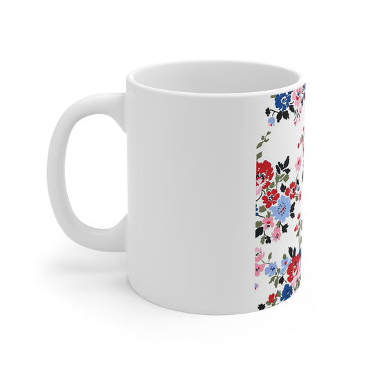 Bold Vintage Patriotic Floral Coffee Mug – Red White Blue Garden Bouquet Mug – Americana Floral Pattern Cup – Shabby Chic Statement Mug Floral Vintage Rose 11oz Coffee Mug