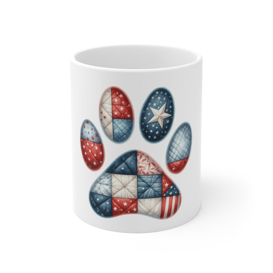 Patriotic Patchwork Dog Paw Coffee Mug – Americana Quilt Paw Print Mug – Red White Blue Pet Lover Mug – USA Dog Gift Cup Patriotic Paw Print Mug — American Flag Dog Lover Coffee Cup