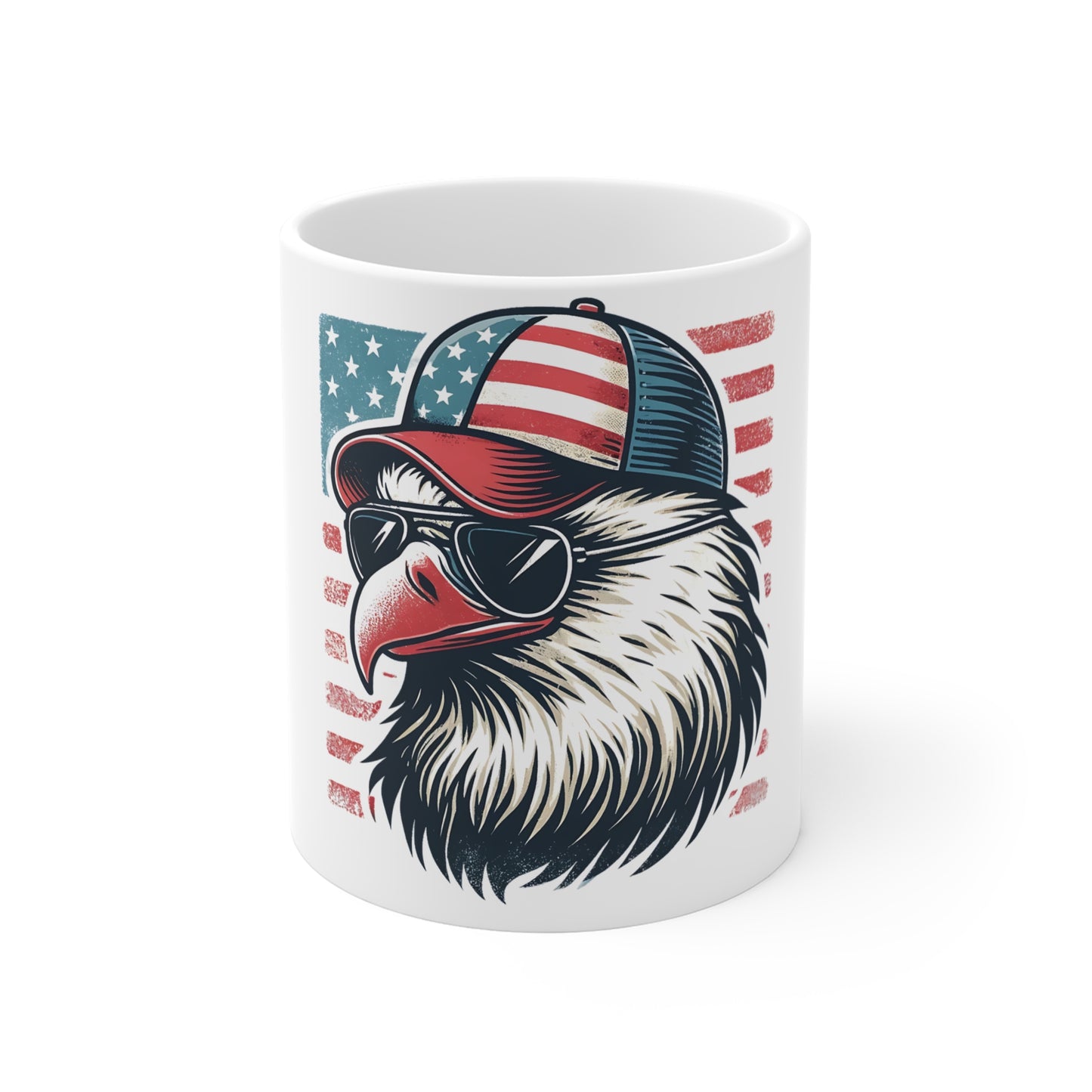 Patriotic Eagle Trucker Hat Coffee Mug – American Flag Bald Eagle with Sunglasses Mug – USA Freedom Bird Cup – Vintage Americana Gift Mug 11oz