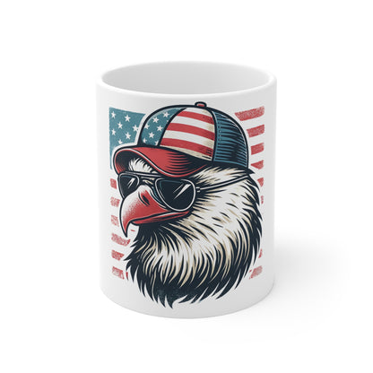 Patriotic Eagle Trucker Hat Coffee Mug – American Flag Bald Eagle with Sunglasses Mug – USA Freedom Bird Cup – Vintage Americana Gift Mug 11oz