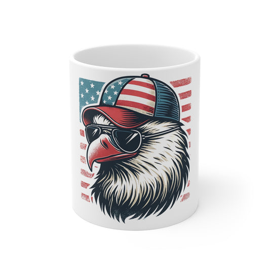 Patriotic Eagle Trucker Hat Coffee Mug – American Flag Bald Eagle with Sunglasses Mug – USA Freedom Bird Cup – Vintage Americana Gift Mug 11oz