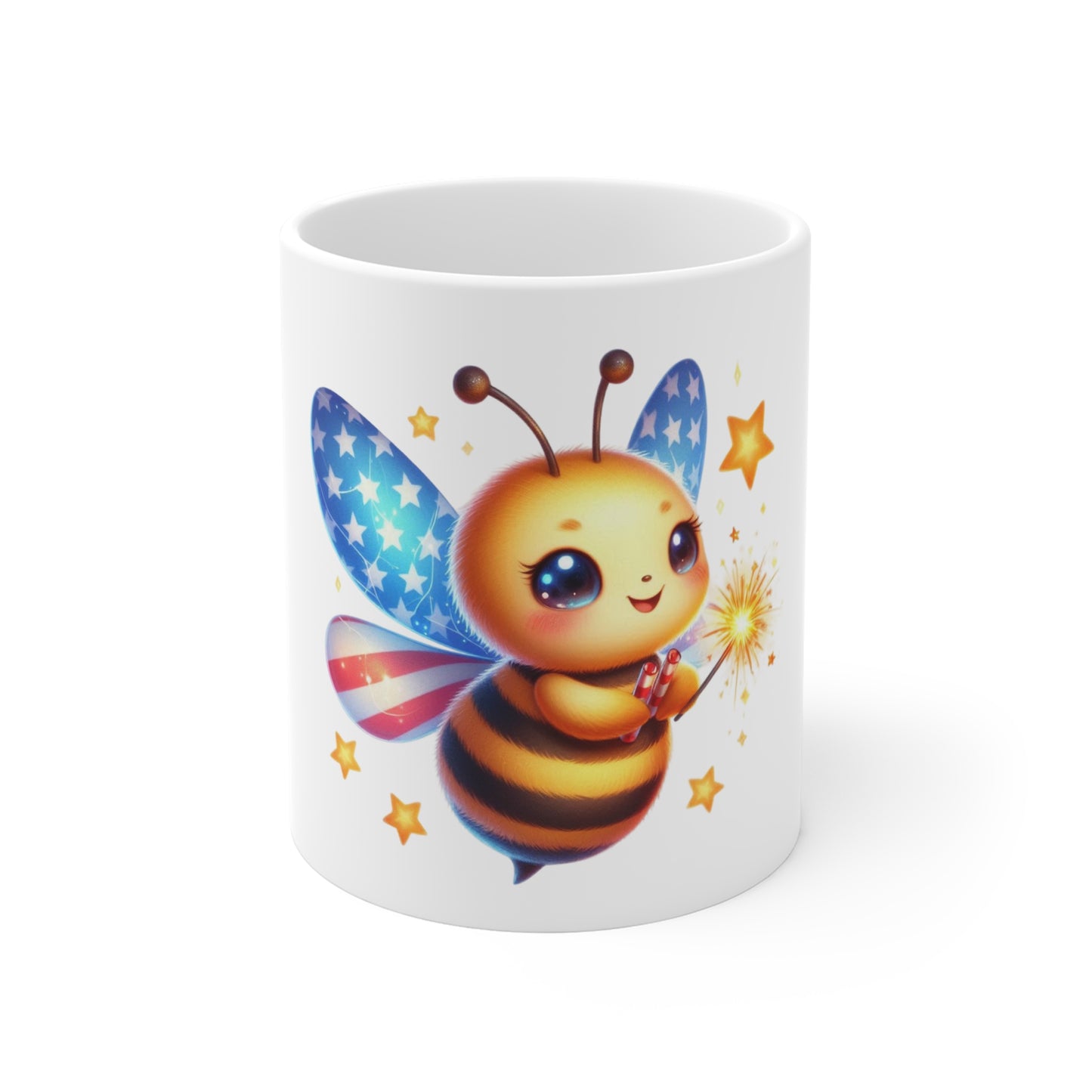 Cute Patriotic Bee Coffee Mug – Kawaii Fireworks Bumblebee Mug – Red White Blue Americana Cup – Adorable USA Gift Mug 11oz