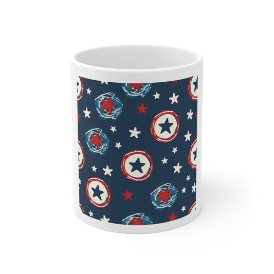 Patriotic Badge Star Coffee Mug – Retro Americana Star Emblem Mug – Red White Blue Vintage Badge Pattern Cup – Playful Patriotic Mug Star Emblems Pattern Mug — Patriotic Navy Red White Coffee Cup (...