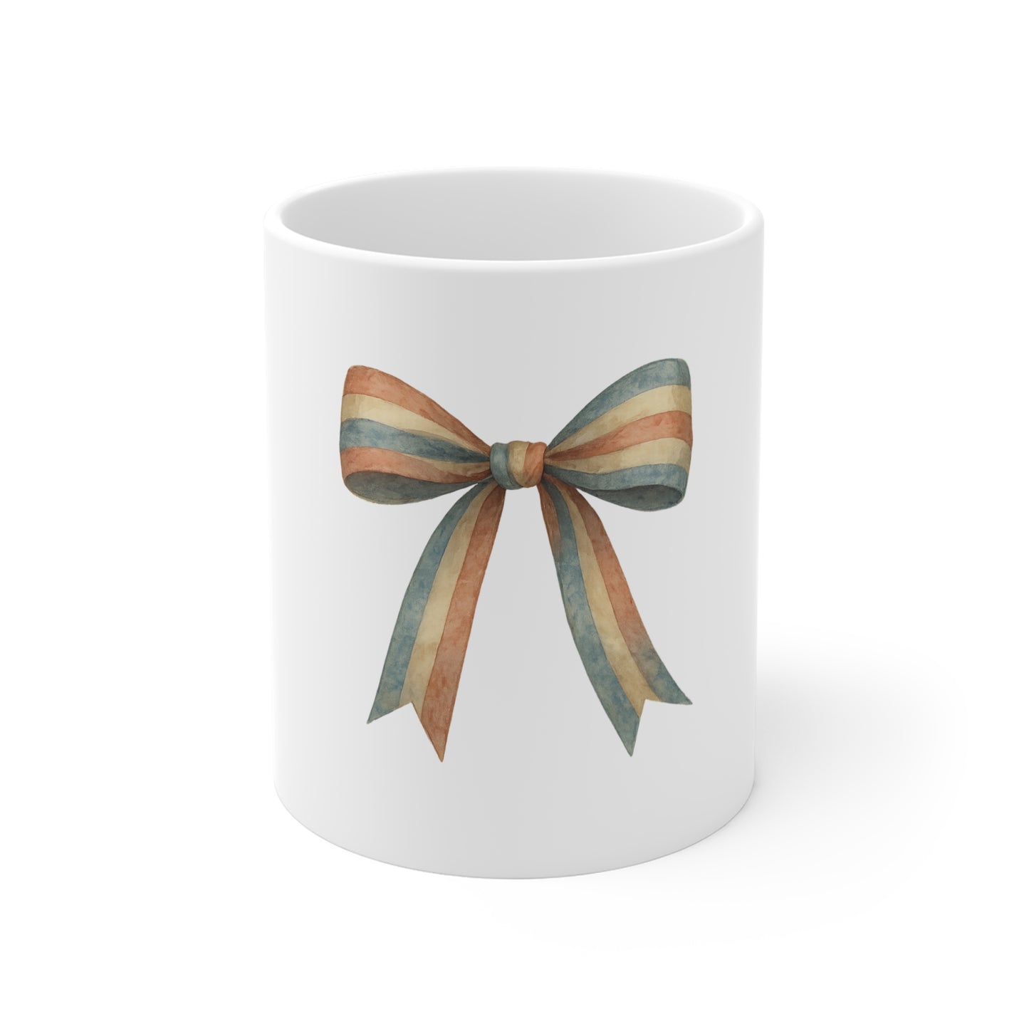 Patriotic Ribbon Bow Coffee Mug – Vintage Americana Bow Mug – Red White Blue Ribbon Mug – Farmhouse 4th of July Mug 11oz