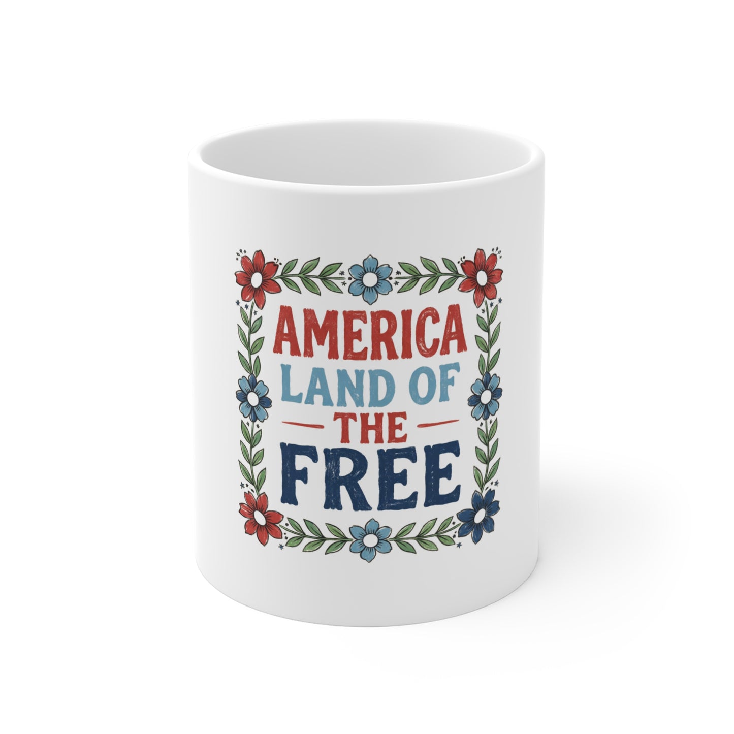 America Land of the Free Coffee Mug – Patriotic Floral Mug – Vintage Americana Quote Cup – USA Pride Gift Mug 11oz