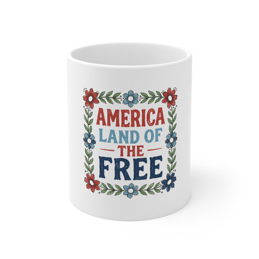 America Land of the Free Coffee Mug – Patriotic Floral Mug – Vintage Americana Quote Cup – USA Pride Gift Mug 11oz
