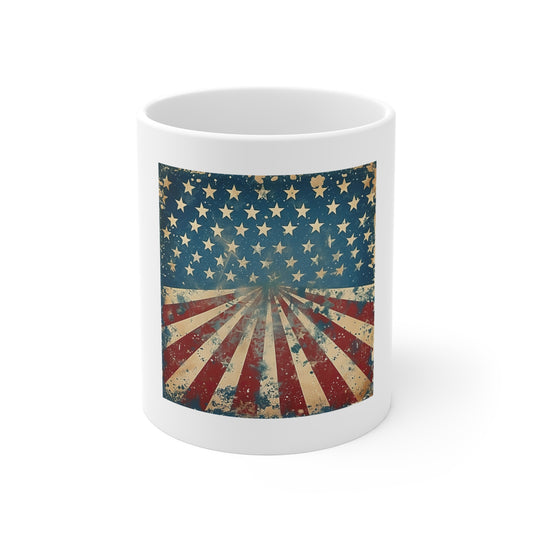 Vintage American Flag Sunburst Coffee Mug – Distressed Patriotic USA Mug – Retro Stars & Stripes 11oz Ceramic Cup – Unique Americana Gift