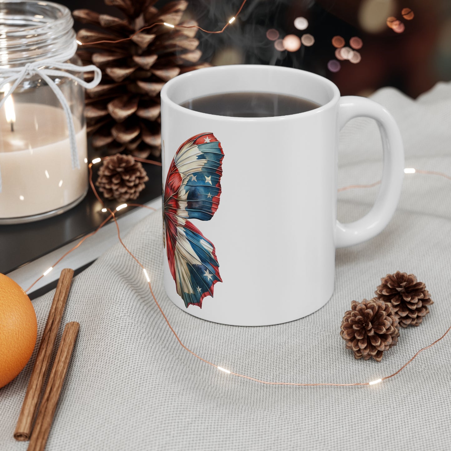 Vintage Patriotic Butterfly Mug – Americana Stars & Stripes Coffee Mug – Red White Blue Rustic Art Cup – USA Gift Mug Mug 11oz