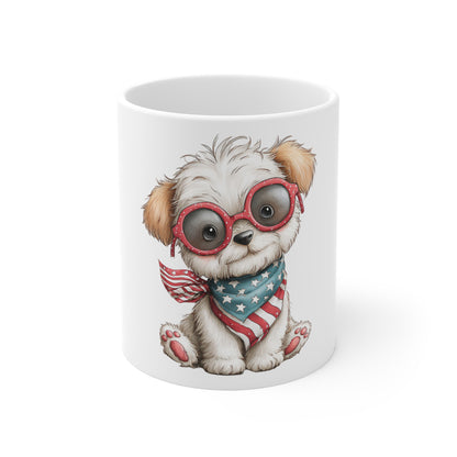 Cute Patriotic Puppy Sunglasses Mug – 4th of July Dog Coffee Mug – Americana Puppy with Glasses Cup – Red White Blue Pet Lover Gift Patriotic Puppy Mug – Cute Dog with American Flag Bandana (11oz...