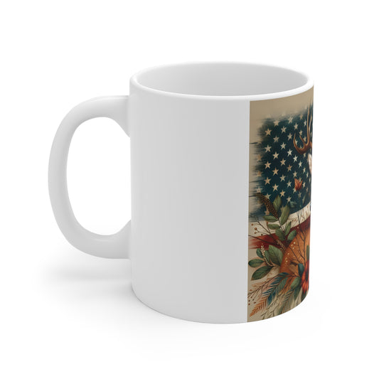 Patriotic Whitetail Deer Coffee Mug – American Flag Deer Mug – Rustic Floral Buck Art Cup – Americana Wildlife Gift Mug 11oz