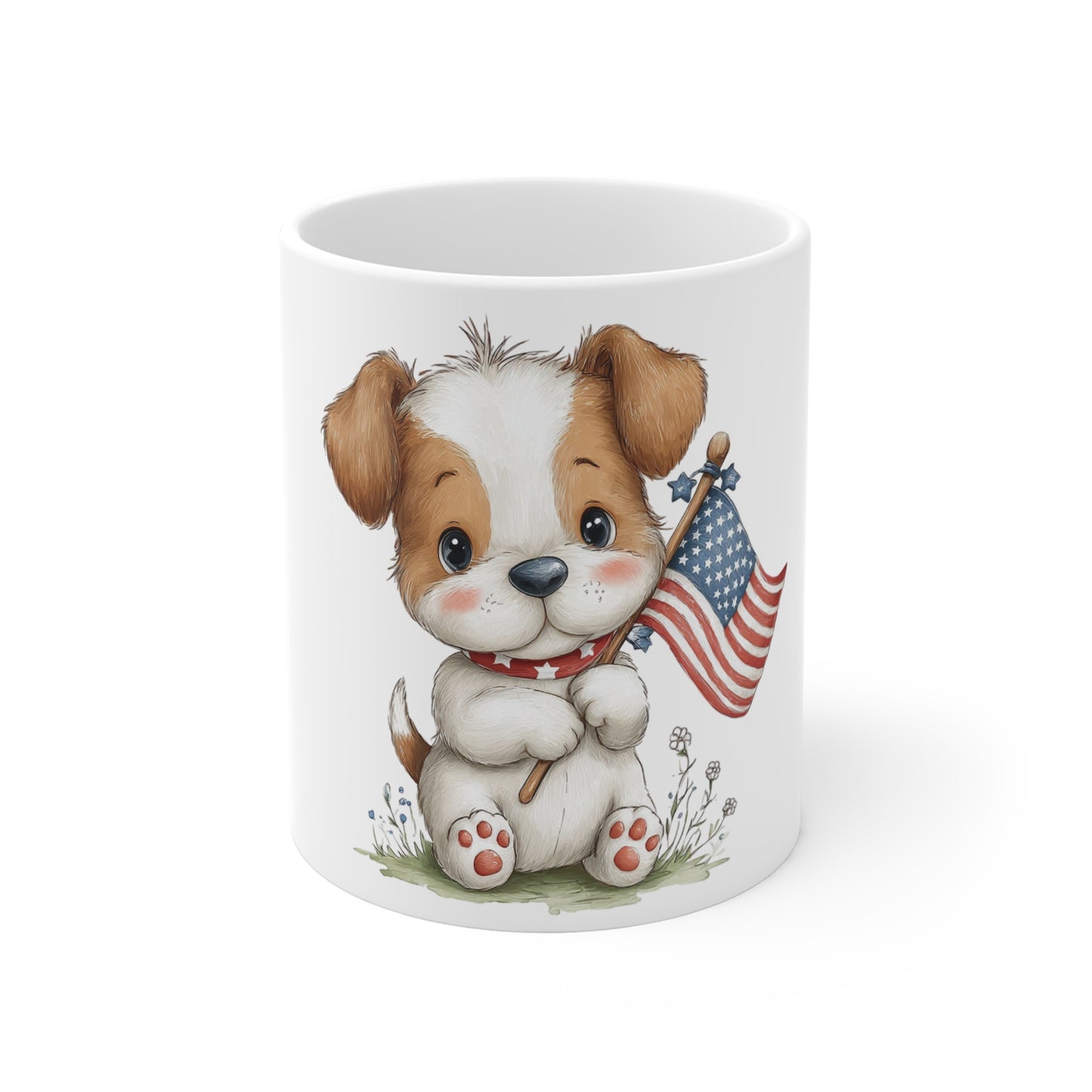 Cute Patriotic Puppy Flag Mug – 4th of July Dog Coffee Mug – Americana Puppy Holding Flag Cup – Red White Blue Pet Lover Gift Cute Puppy with American Flag 11oz Mug — Patriotic Dog Coffee Cup